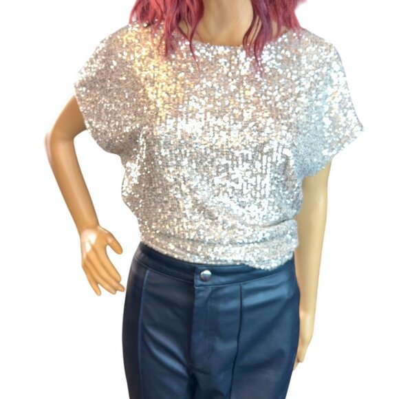 NWT - Rachel Zoe Short Sleeve Sequin Blouse in Silver Size M - Picture 2 of 6